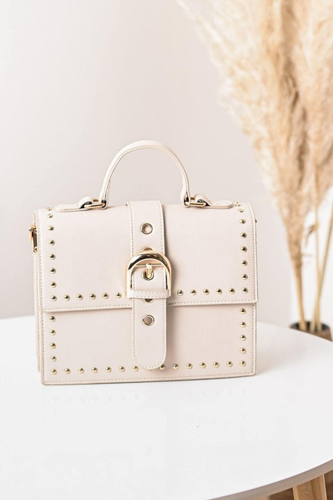 Sac cartable bandoulière beige à clous - Annaé Paris